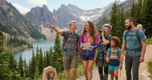 family in a national park hike looking at a map and pointing