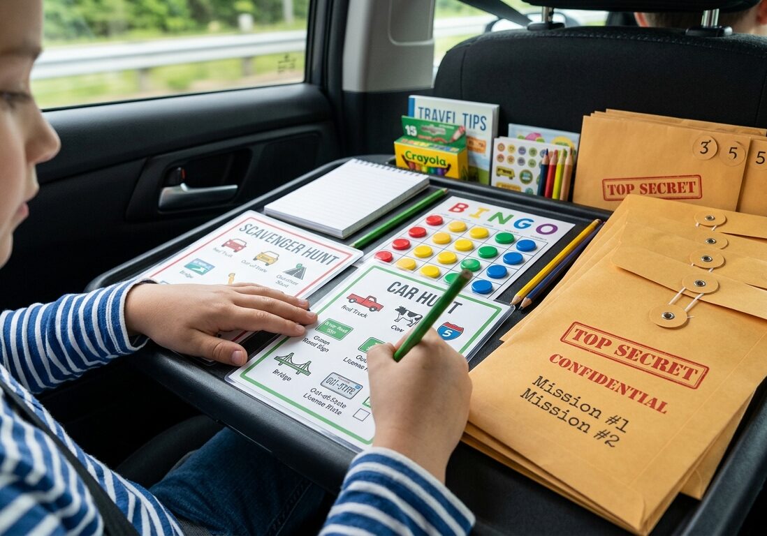 Kid doing a car hunt bingo with top secret envelopes next to him