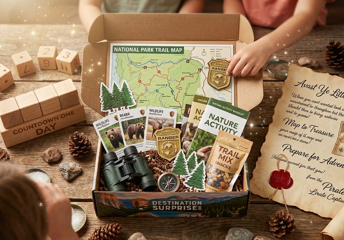 A travel box with National Park items in it for kids to explore, a pirate map is next to it with a block count down calendar on the other side